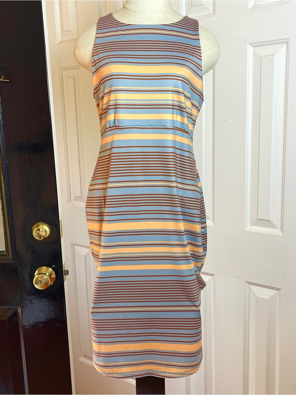 PRANA Performance Dress Gray Orange Brown Striped Sleeveless Stretch Pockets Med